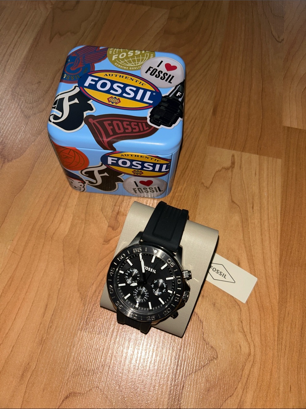 Fossil Black and Silver Chronograph Watch with Black Silicone Strap